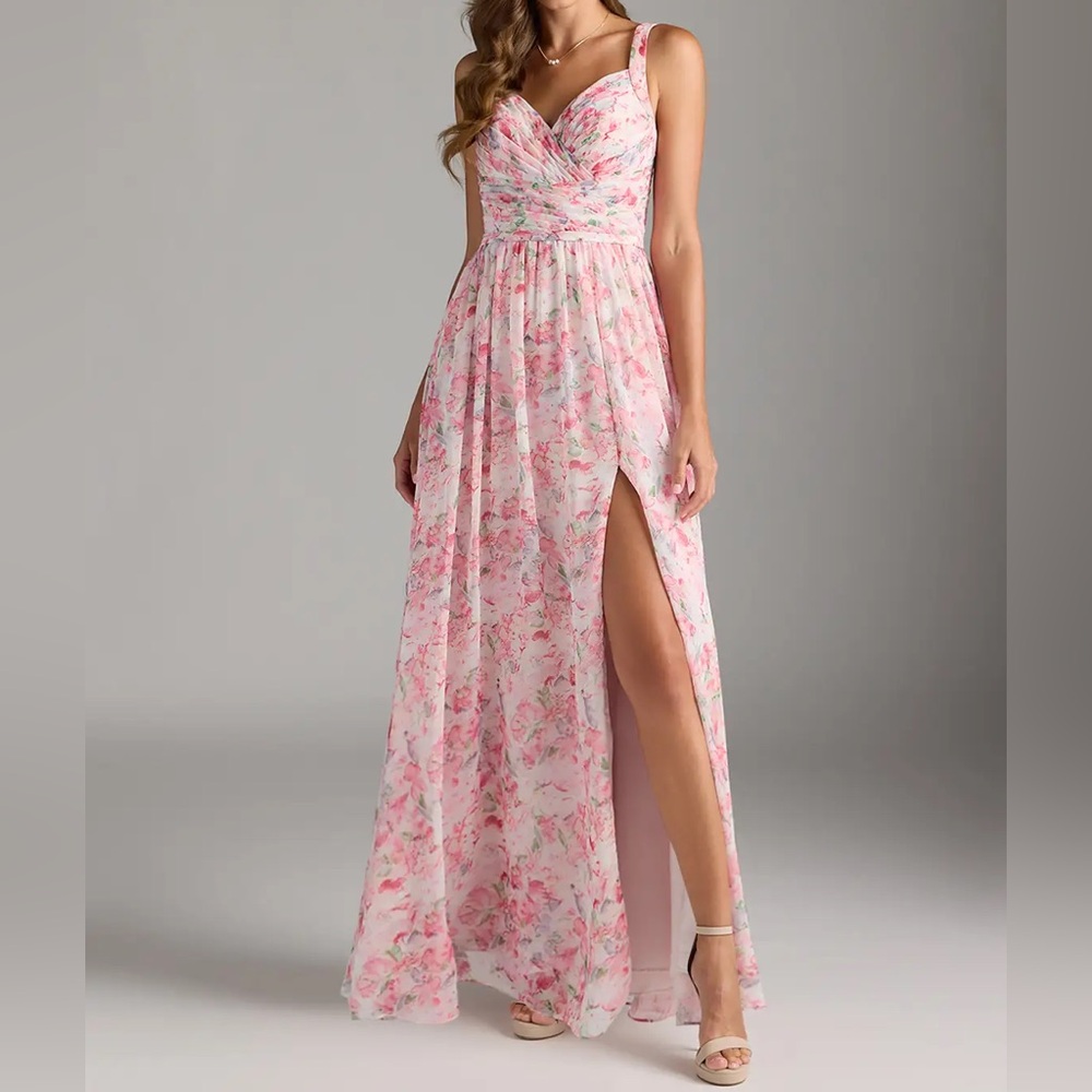 NWT Abstract Watercolor Floral A-Line Pleated Chiffon Dress AZAZIE (A2)